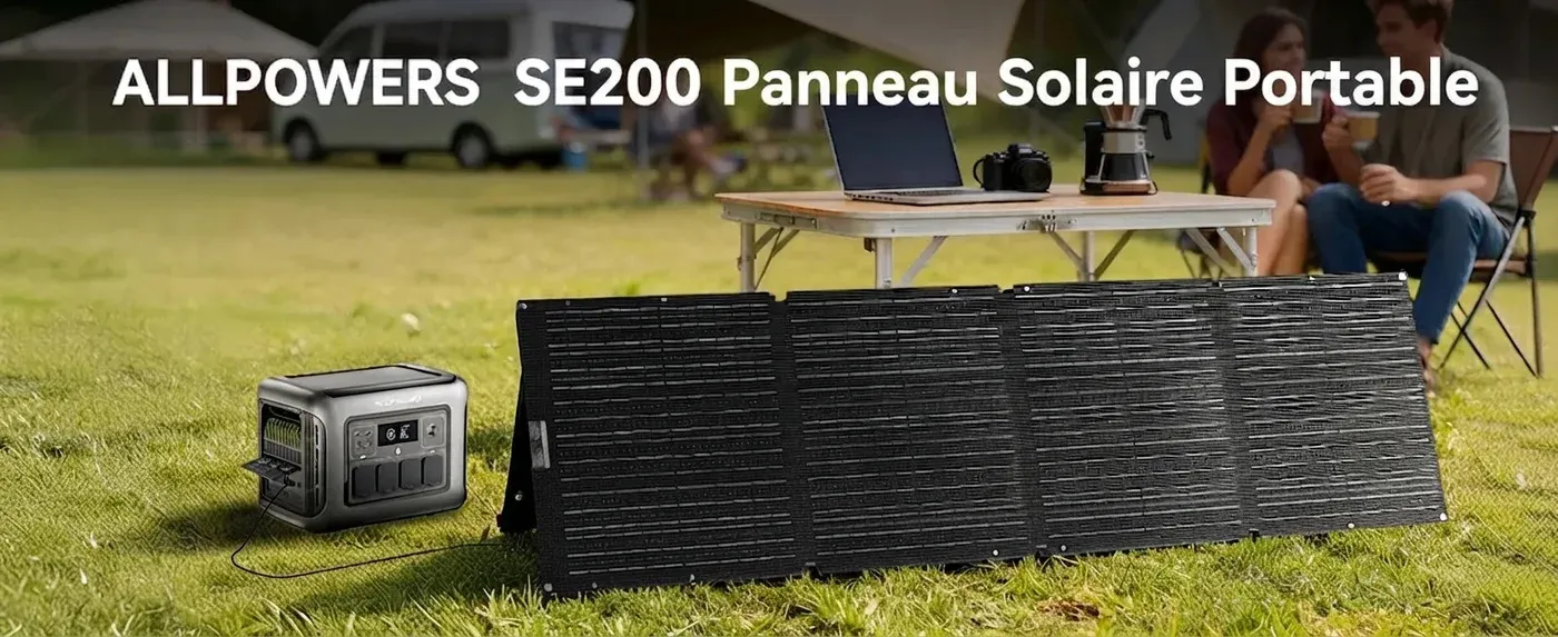Le SE200 déplié dans l'herbe, relié à une station ALLPOWERS, devant une table de camping