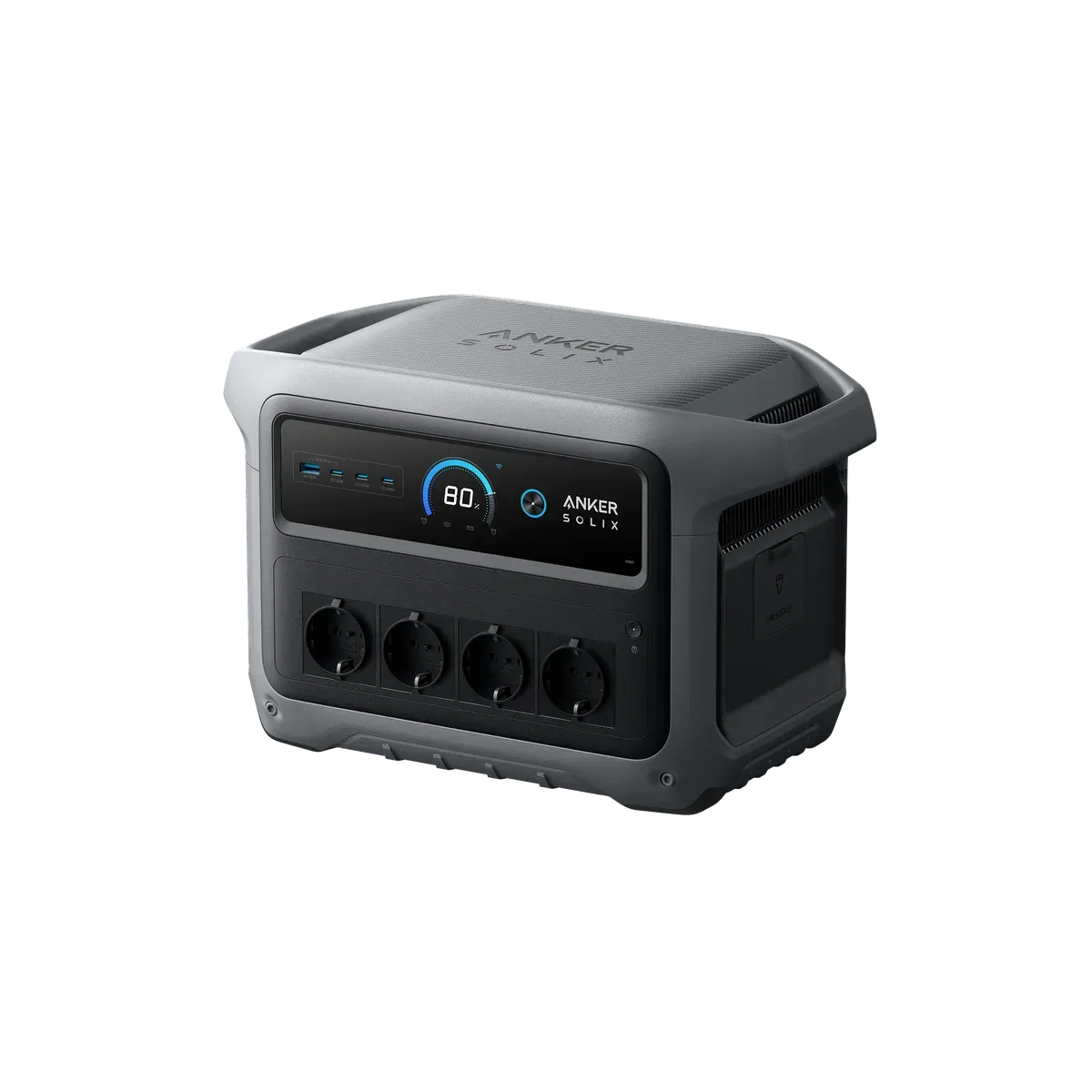 Station électrique Anker SOLIX C1000 Gen 2 vue de trois quarts, ses quatre prises secteur, son écran circulaire et ses quatre ports USB en façade