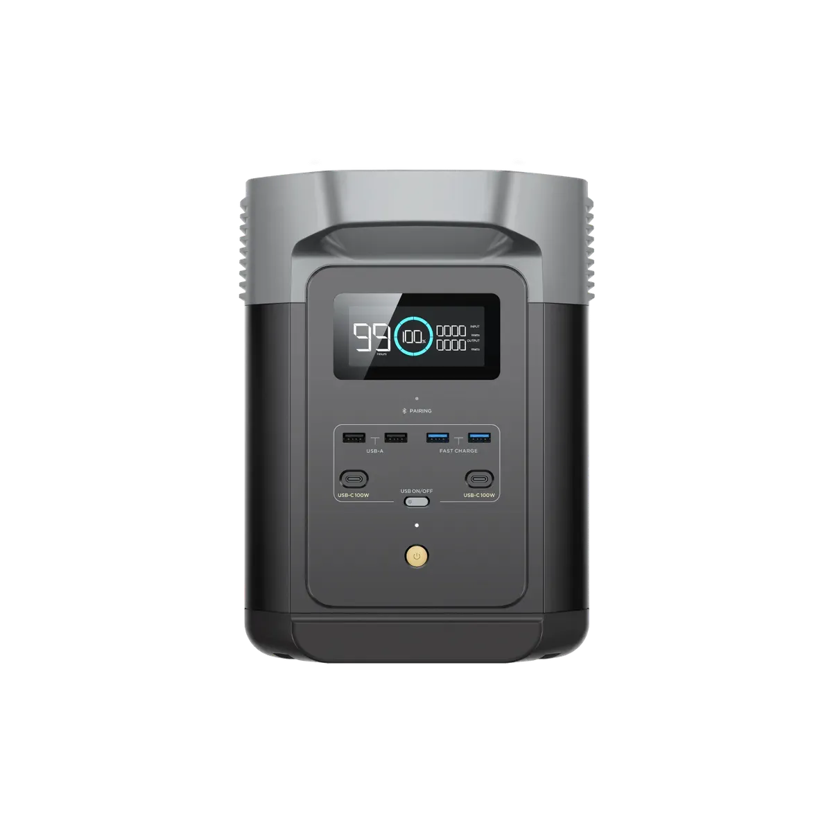 La station EcoFlow DELTA 2 de face, écran LCD allumé et ports USB visibles