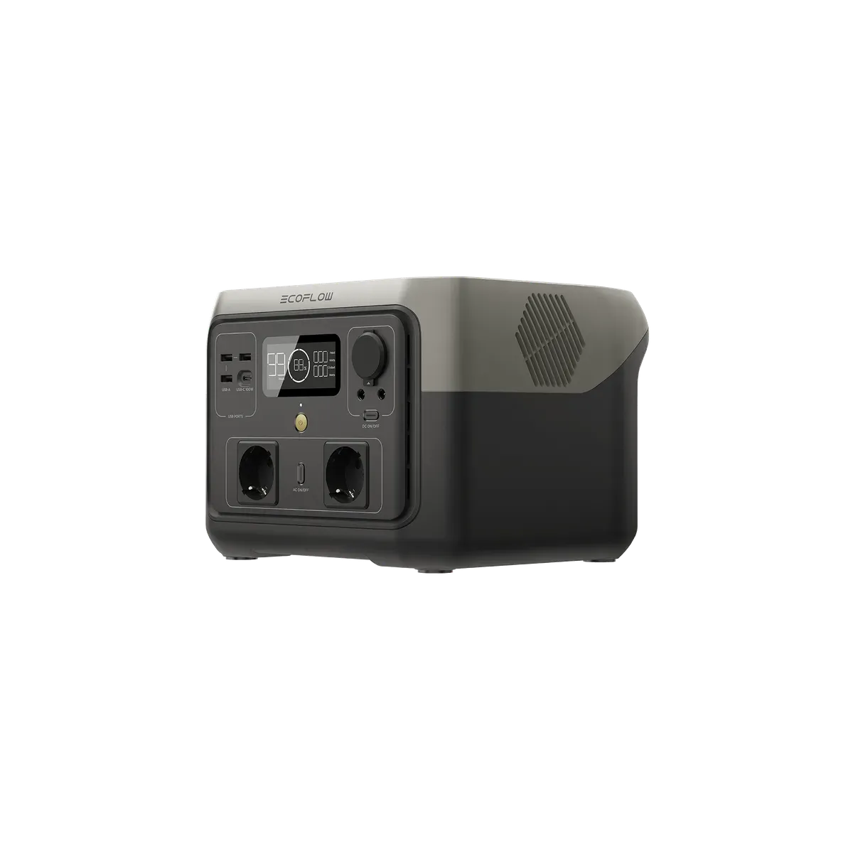 La station EcoFlow RIVER 2 Max de trois quarts, ses deux prises secteur, son écran et ses ports USB en façade
