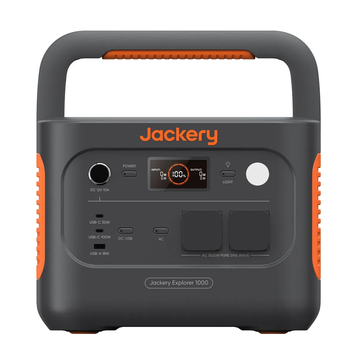 La station électrique Jackery Explorer 1000 v2 de face, écran allumé, poignée repliée sur le boîtier gris et orange