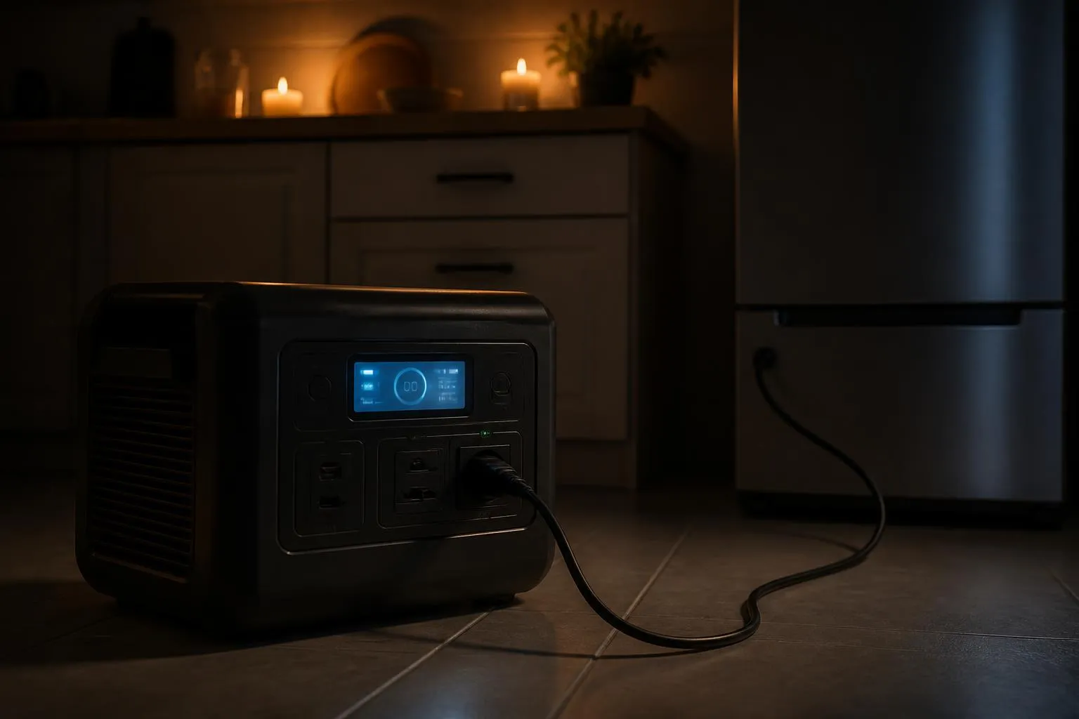 Station électrique portable posée au sol dans une cuisine plongée dans le noir, écran allumé, câble branché sur un réfrigérateur