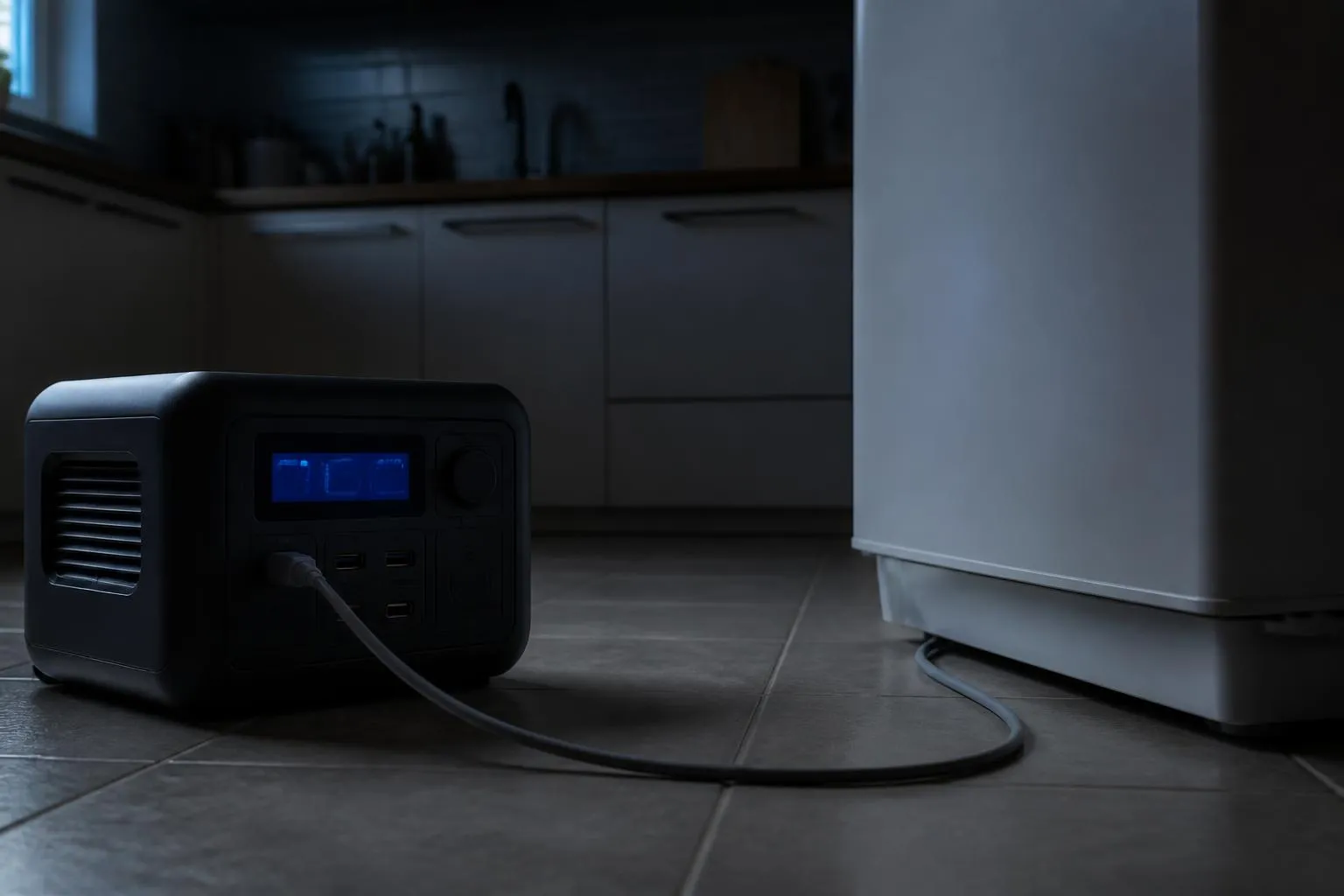 Station électrique posée sur le carrelage d'une cuisine plongée dans le noir, reliée au câble d'un réfrigérateur